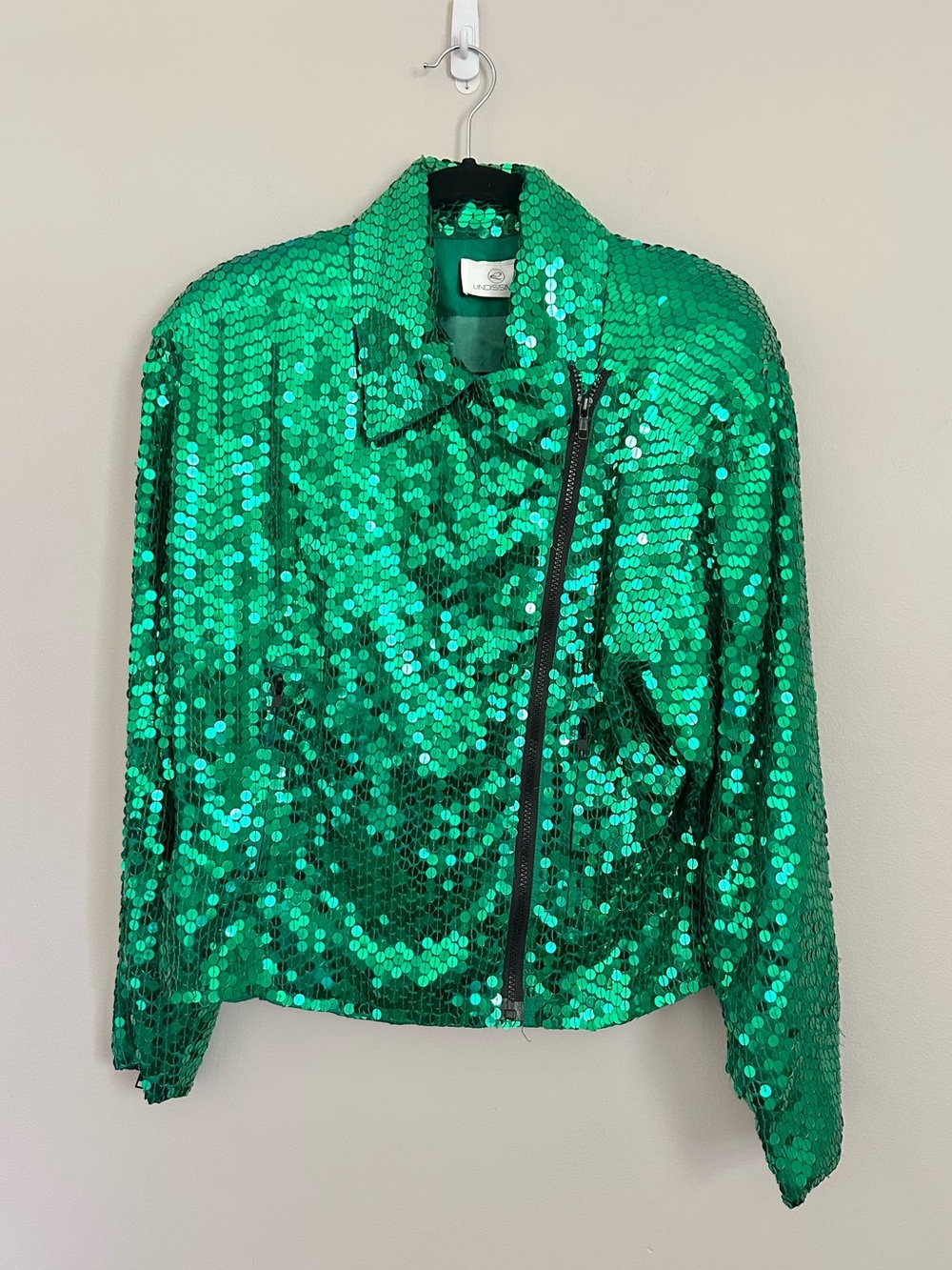 Vintage Y2K Lindissima Emerald Green Sequin Moto Jacket L 100% Silk Maximalist